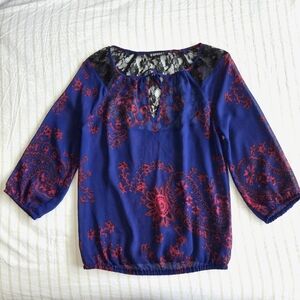 Express sheer paisley lace peasant blouse blue red size XS